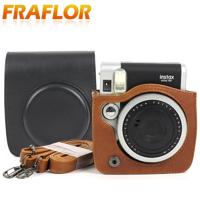 For Polaroid Fujifilm Instax Mini 90 Brown / Black Pattern Camera Case Bag with Shoulder Strap PU Leather Pouch Protector | Электроника
