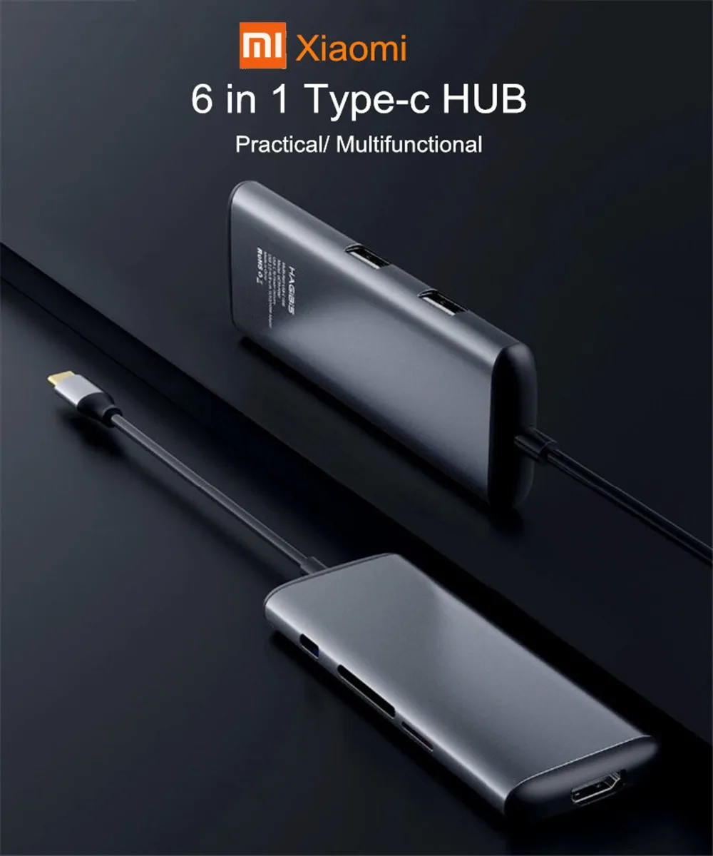 Xiaomi mijia hagios 6 в 1 type-c к HDMI USB 3,0 устройство для чтения карт SD TF PD зарядный адаптер концентратор для iPhone мобильного телефона ПК