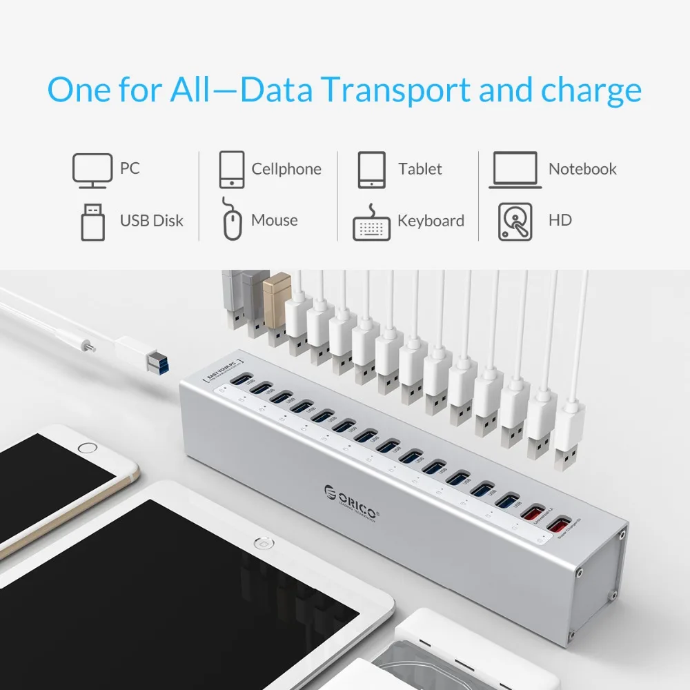 ORICO A3H13P2 алюминиевый 13 портов USB3.0 концентратор с 2 зарядными портами 5V2. 4A супер зарядное устройство/5V1A Универсальный-Серебристый