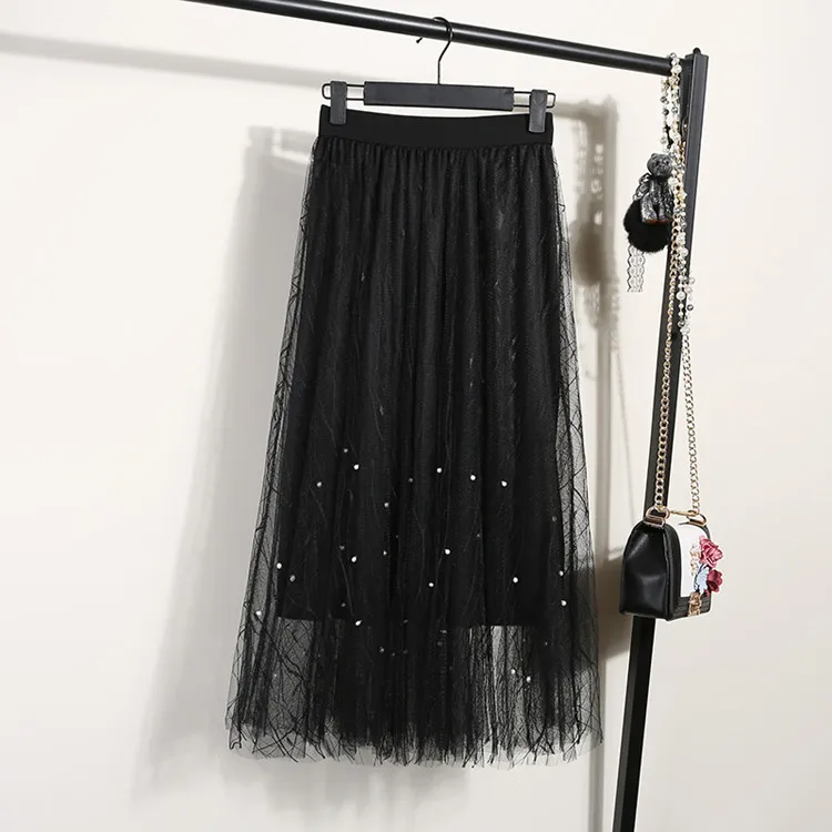 Black MZY922 ONLYWONG Женская плиссированная юбка средней длины с высокой талией, украшенная бусинами, женская черная розовая сетчатая юбка миди, Женские однотонные юбки из тюля - Цвет: Black MZY922