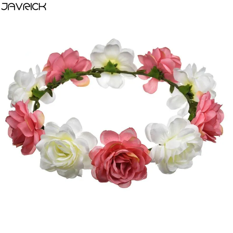 Peach Pink JAVRICK, Женская богемная пляжная повязка-венок, контрастный цвет, искусственный цветок розы, корона, венок для волос, Свадебный ободок для вечеринки - Цвет: Peach Pink