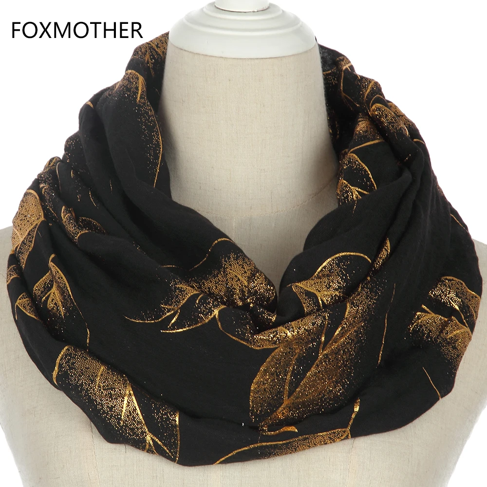 Женский длинный хиджаб FOXMOTHER черный блестящий из фольги с золотыми осенними