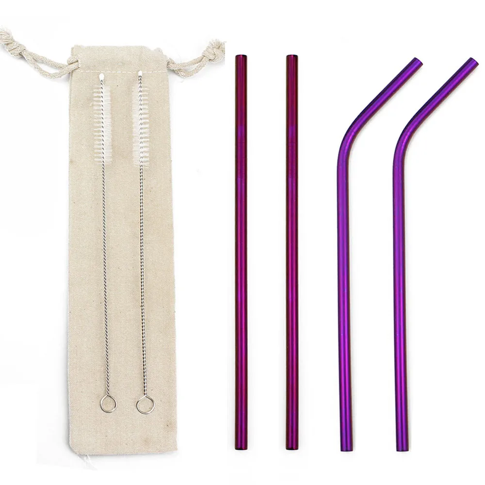 Purple 7Pcs 4/7 шт многоразовые 215*6 мм металлический соломинки Нержавеющая сталь изогнутые прямые соломинка для напитков бар вечерние оптом с сумочкой в комплекте; Новинка - Цвет: Purple 7Pcs