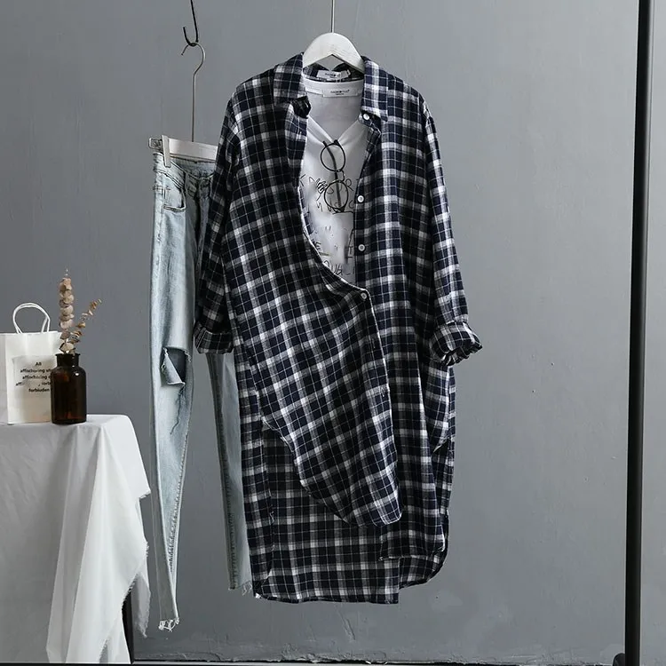 Женская свободная рубашка с длинным рукавом Повседневная в клетку разрезом