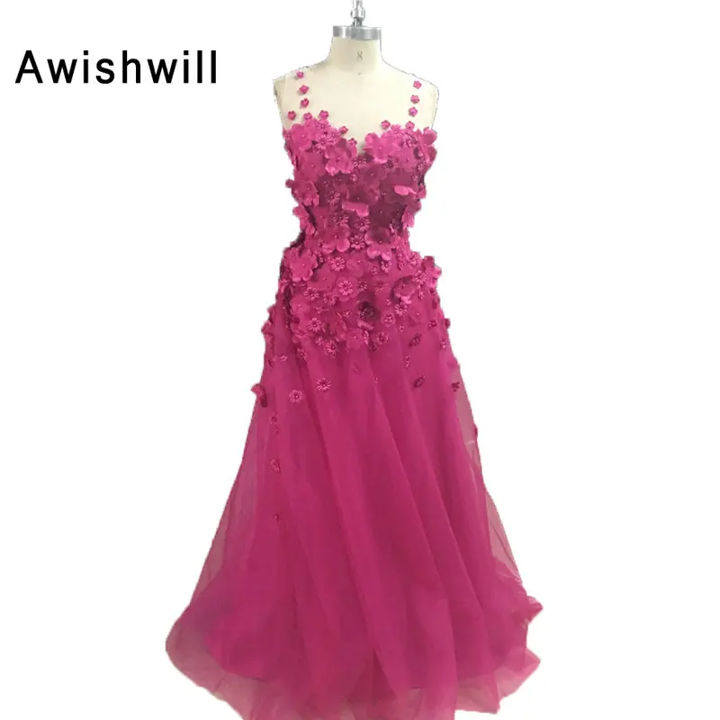 

New Exquisite Fushia Color Long Prom Dresses 2018 Scoop A Line Floor Length Pearls Flowers Women Party Dresses
