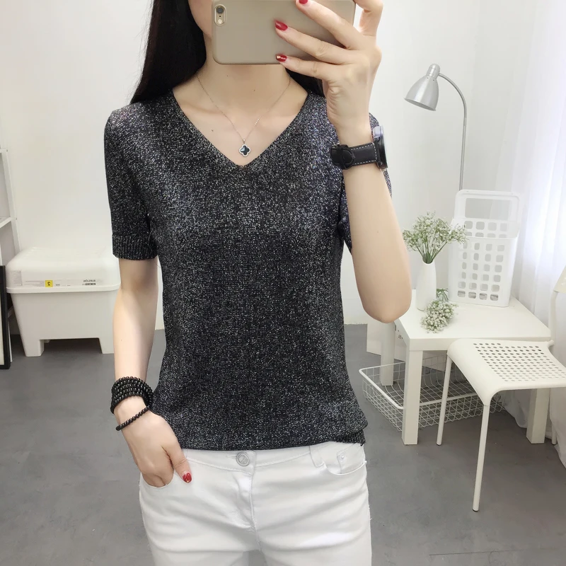 Яркая шелковая летняя футболка для женщин с коротким рукавом и v-образным вырезом
