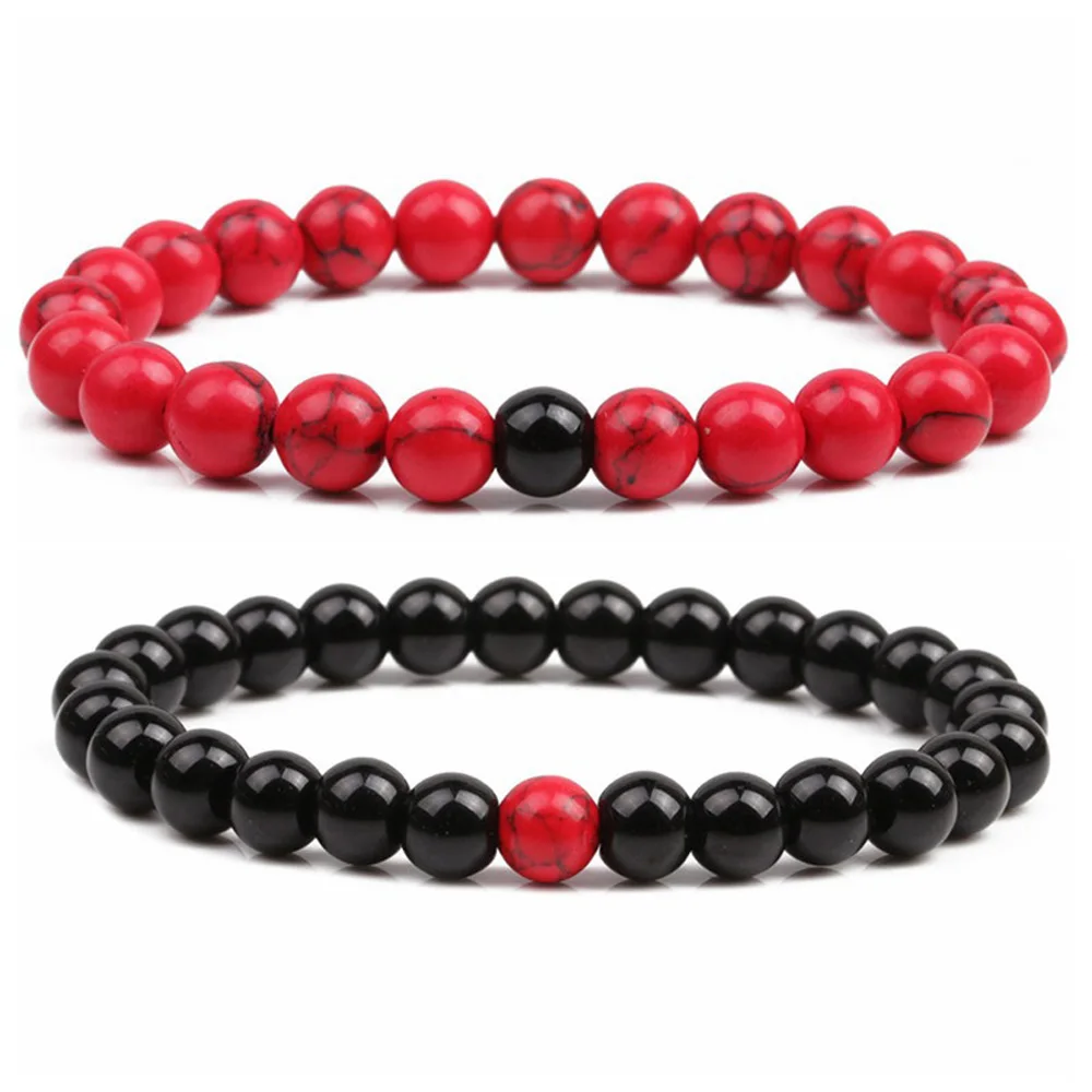 Red Turquoise Lava 2 шт. 8 мм пары расстояние Йога браслет браслеты камень из натуральной лавы 7 Чакра бисером браслеты с тигровым глазом для мужчин женщин молитва ювелирные изделия - Окраска металла: Red Turquoise Lava