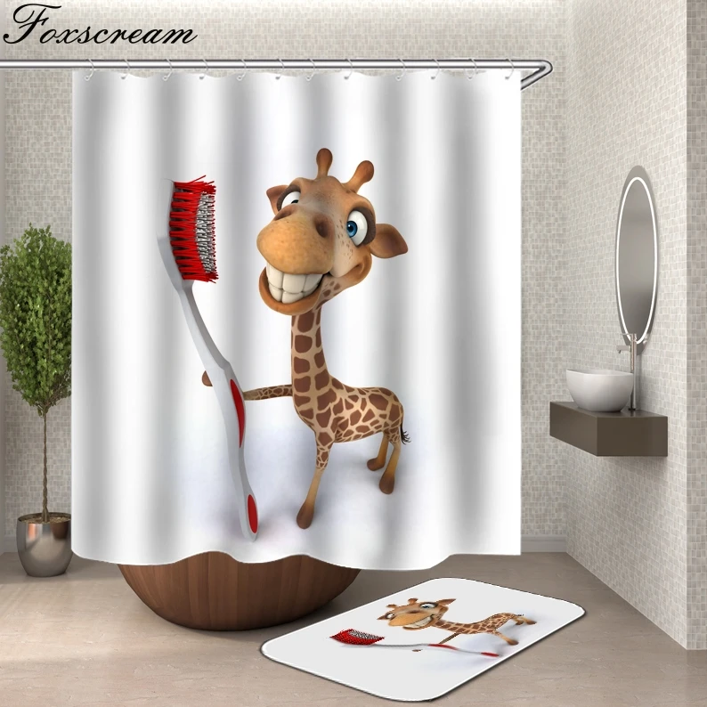 

Cartoon shower curtain with hooks fabric Animal 3d bath curtain shower curtains waterproof bathroom curtain Or mat