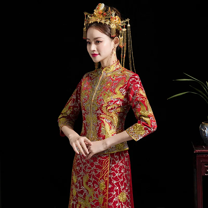 

Bride Modern Cheongsam Chinese Traditional Dress Wedding Qipao Su Embroidery Rhinestone Chinoise Oriental Style Evening Gown