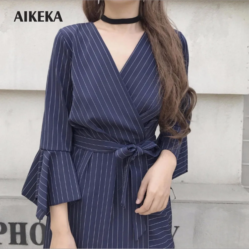 Akeka Офисные женские туфли Striped A-Line Flare рукавом Полный Пояса до колена Длина