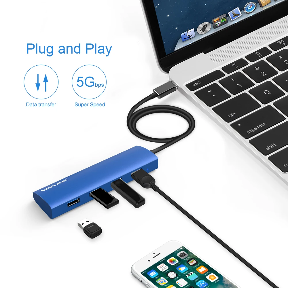 Wavlink алюминиевый USB 3,0 концентратор 4 порта type C адаптер с USB C женский зарядный порт для MacBook Pro ChromeBook Pixel Windows синий