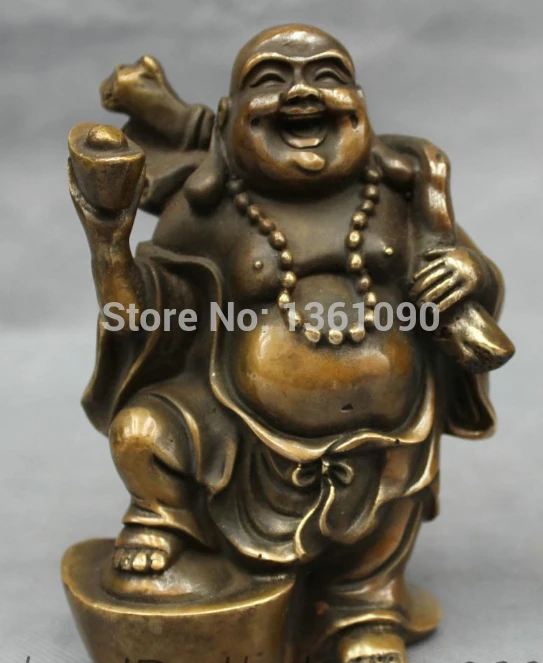 

Chinese Bronze Copper Wealth YuanBao Bag Happy Laughing Maitreya Buddha Statue