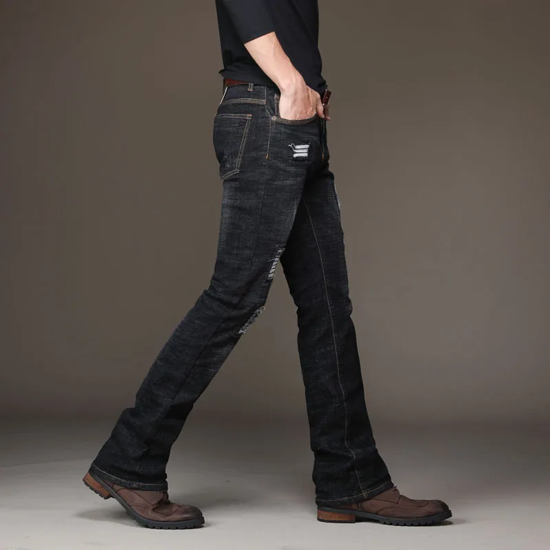 Мужские джинсы bootcut синие расклешенные рваные джинсы для мужчин тонкие Стрейчевые расклешенные джинсы