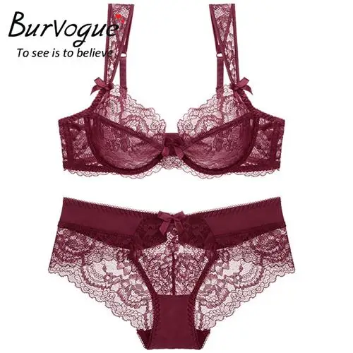 Burvogue, женский сексуальный комплект с бюстгальтером, кружевной комплект нижнего белья, бюстгальтер пуш-ап и трусики, наборы, плюс размер, Регулируемые бюстгальтеры, комплекты нижнего белья - Цвет: Wine red