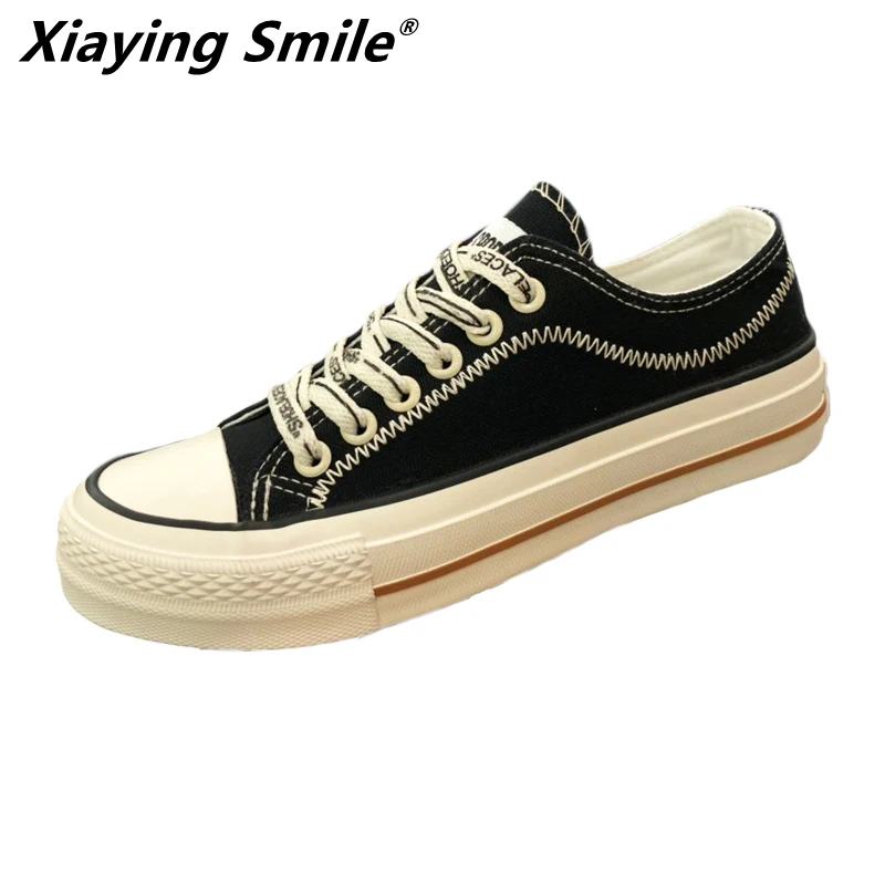

Xiaying Smile Women Sneakers canvas walking Shoes Girls students Female Leather Sports Outdoor Gym Breathable lace-up shoes