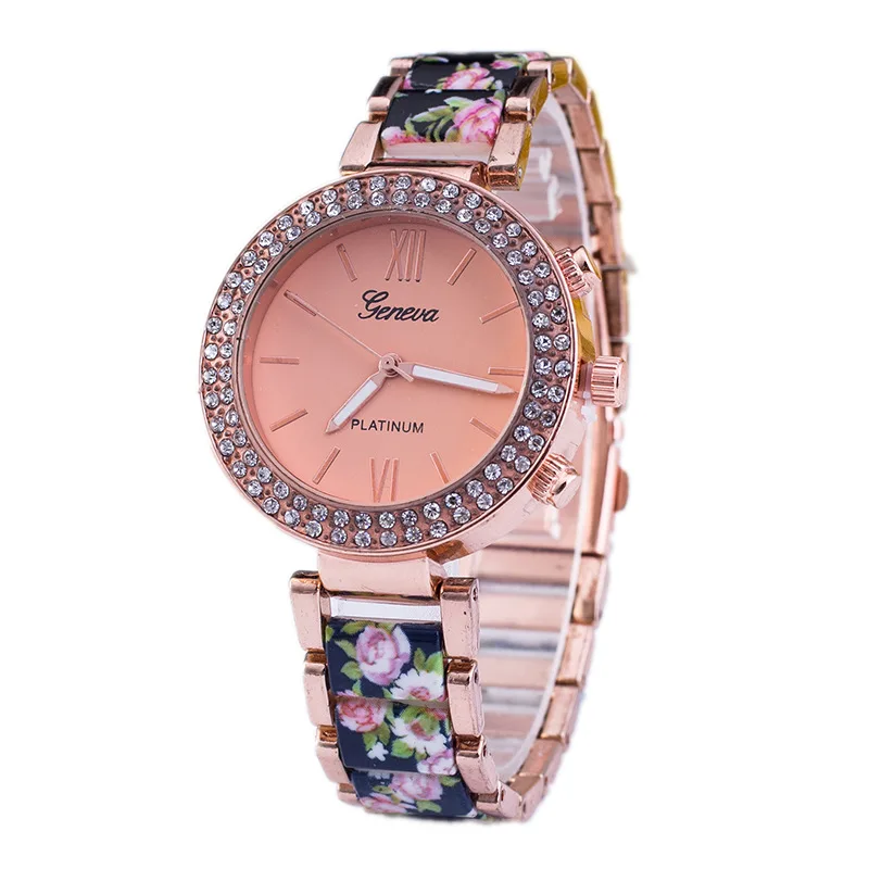 2015 новинка цветок печатные бренда женева платье часы женщины полный стали