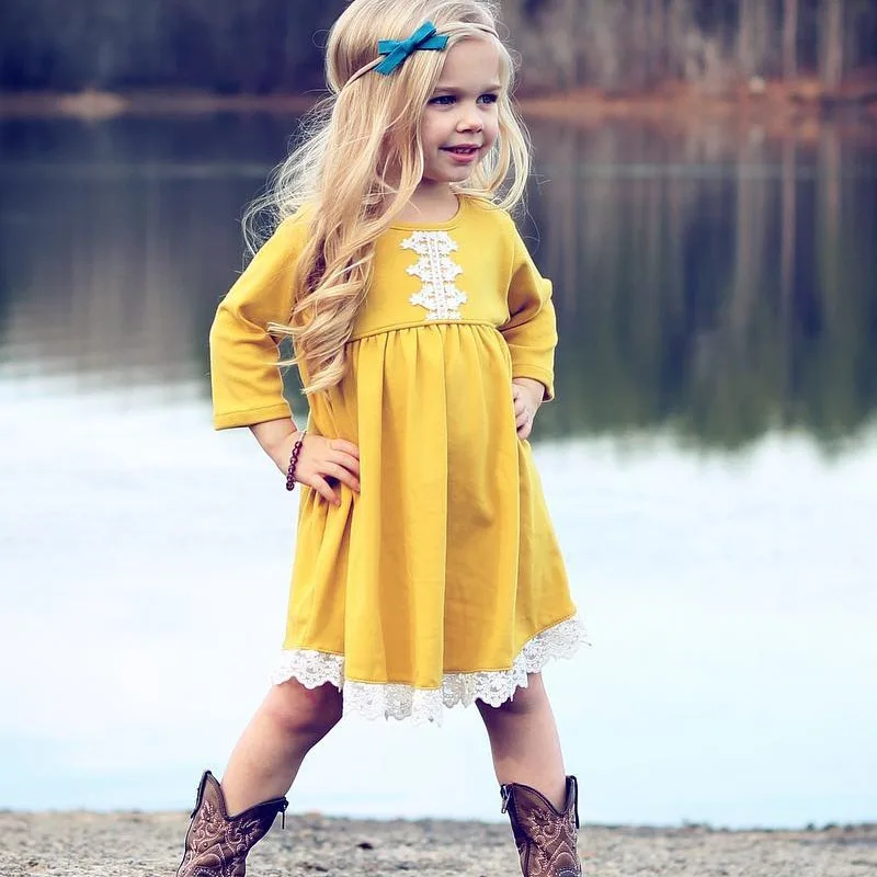 Toddler Dresses For Girls Lace Patchwork Long Sleeved Princess Sundress Baby Yellow Clothing Autumn Birthday Party 1-4Yrs | Детская - Фото №1