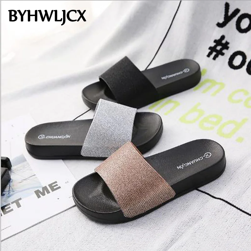 Summer women's slippers fashion crystal solid color flat EVA material thick bottom bathroom outdoor beach flip-flops | Обувь