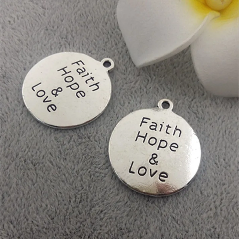 PBR038(10) 25 мм Faith Hope & Love круглый Цинковый Сплав античный серебряный цвет