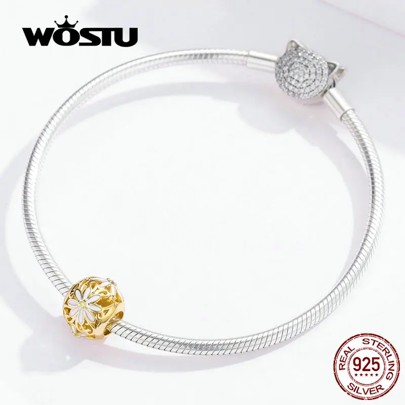 WOSTU бусины в виде ромашки, 925 пробы, серебро, CZ, золотой цвет, шарм, подходит для оригинального браслета, подвески, бусины для изготовления ювелирных изделий, FIC1216