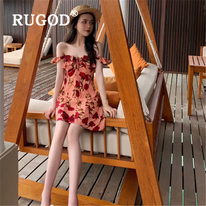 Женское платье с цветочным принтом RUGOD розовое открытыми плечами вечерние платья