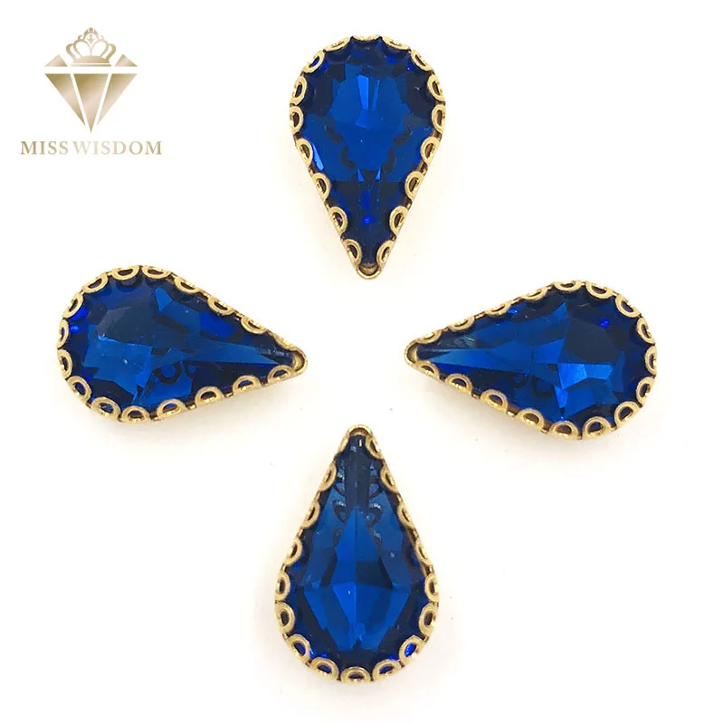 

NEW 30pcs 8X13mm Royal blue teardrop sew on rhinestones gold base lacy claw glass crystal pear shape rhinestones Diy accessories