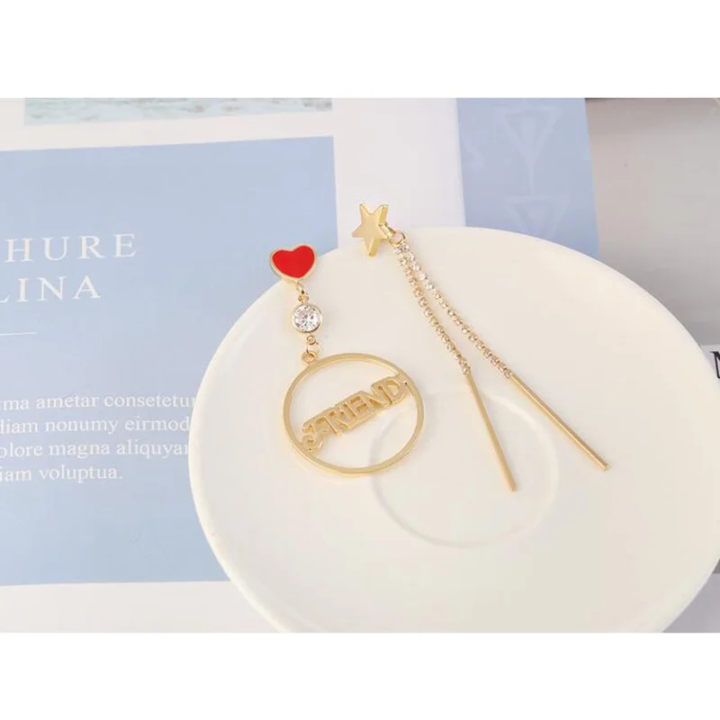 

New Arrival Heart Tassel Letter "FRIEND" Geometric Clip on Earrings for Women Fashion Star CZ Rhinestone Drop Pierced Earrings
