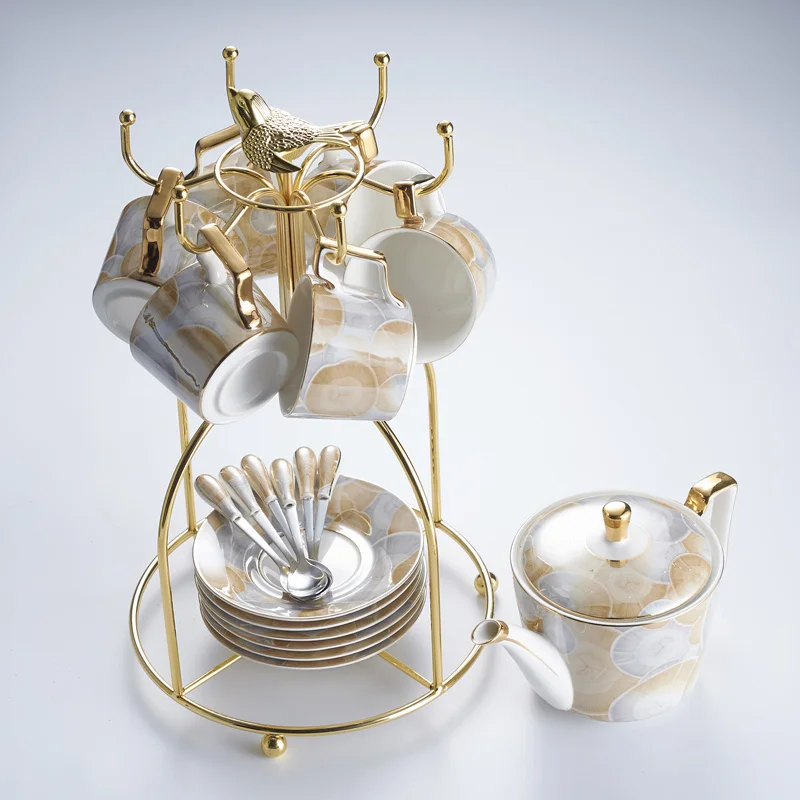 14PCS Set Европейский фарфоровый кофейный набор, роскошный чайный набор, расширенный чайник, кофейная чашка, керамический чайный набор, кружка, сахарница, сливочник, чайный горшок, молочный кувшин - Цвет: 14PCS Set