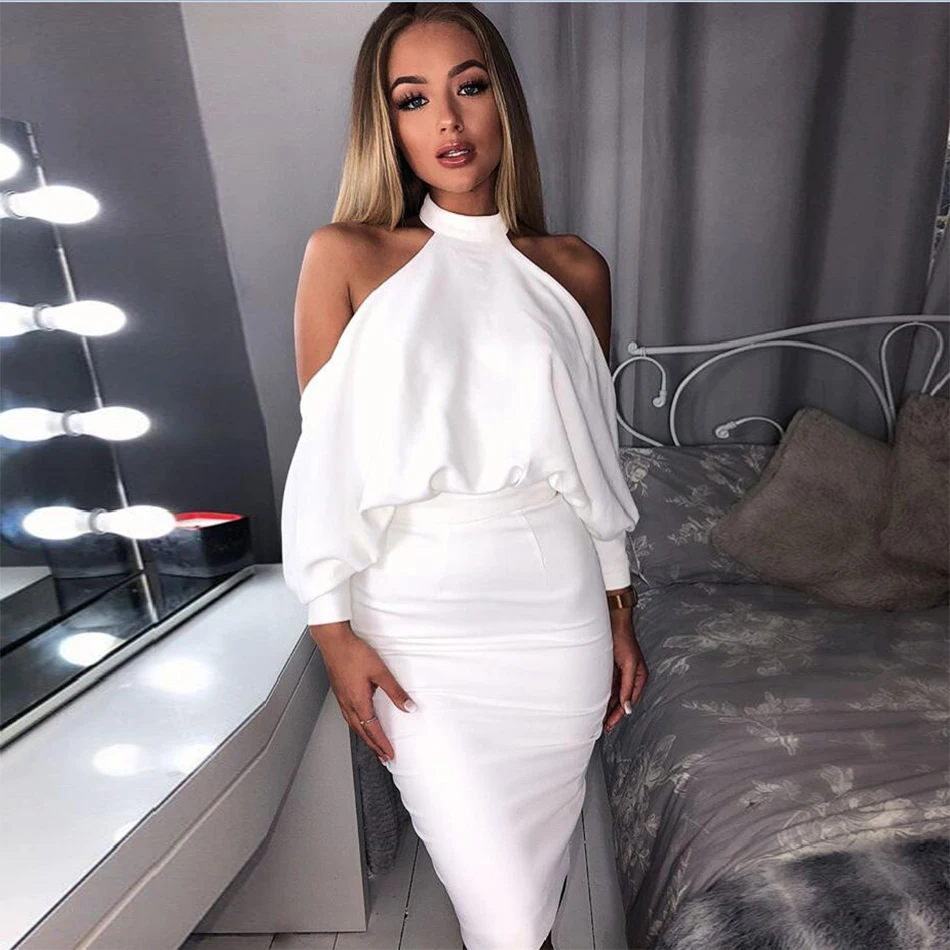 Новые зимние знаменитости вечерние Женское платье Bodycon белый длинный рукав с
