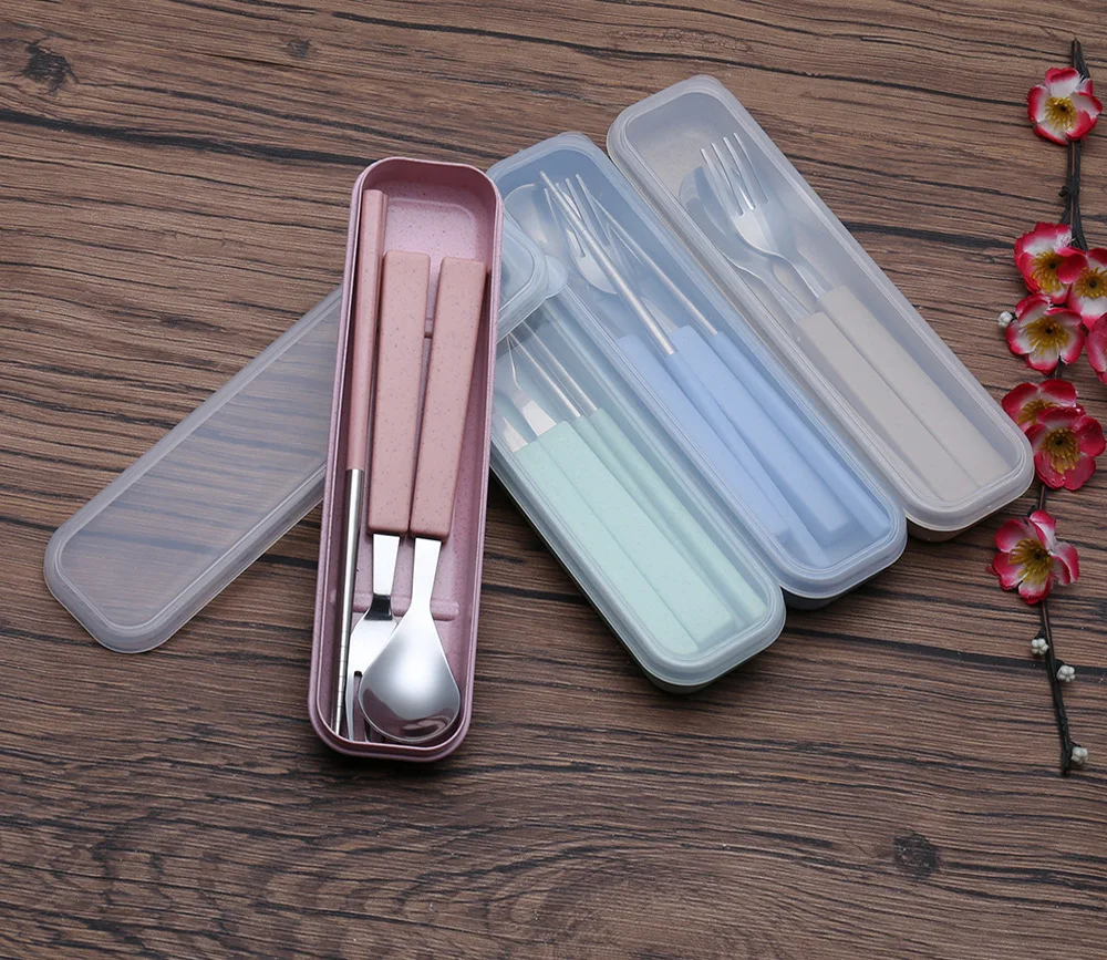 Nordic Color Wheat Straw plastic Dinnerware Set Portable Outdoor Camping Picnic School Kids cutlery Stainless Steel Tableware