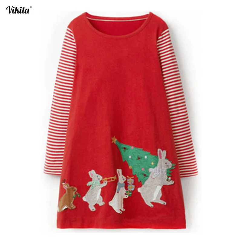 VIKITA Girls Christmas Dresses Kids Animal Cartoon Clothing Children Striped Long Sleeve Dress for Girl | Детская одежда и обувь