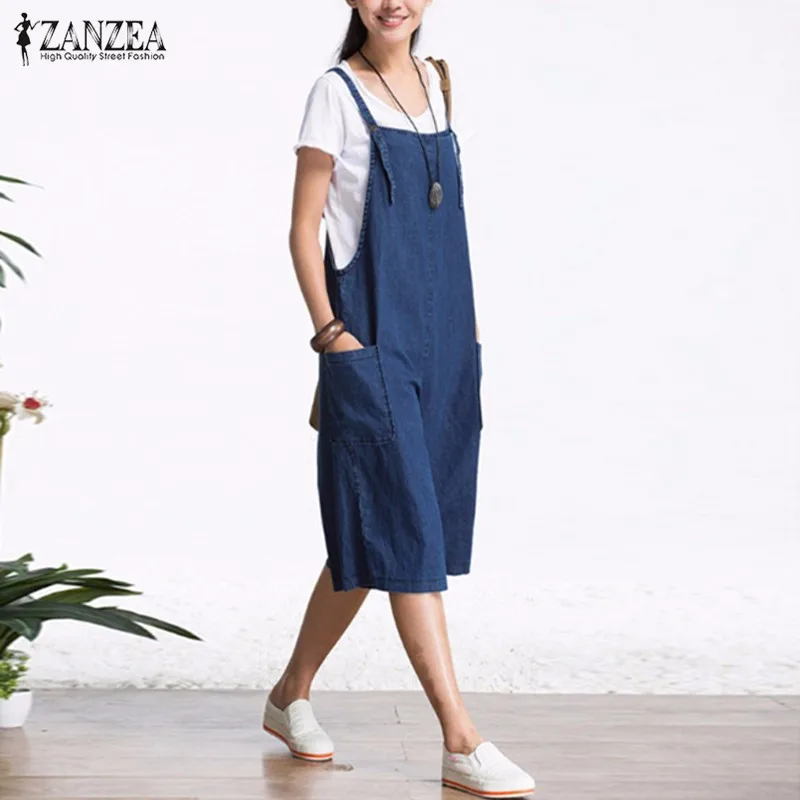 Womens Jumpsuits 2021 ZANZEA Wide Leg Overalls Denim Blue Dungarees Rompers Sleeveless Adjustable Strap Button Summer Pants 5XL