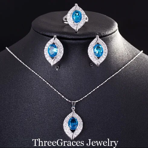 ThreeGraces модные ювелирные изделия из стерлингового серебра 925 пробы, кубический цирконий, кристалл, желтые камни, ожерелье, серьги, кольца, наборы для женщин JS112 - Окраска металла: light blue