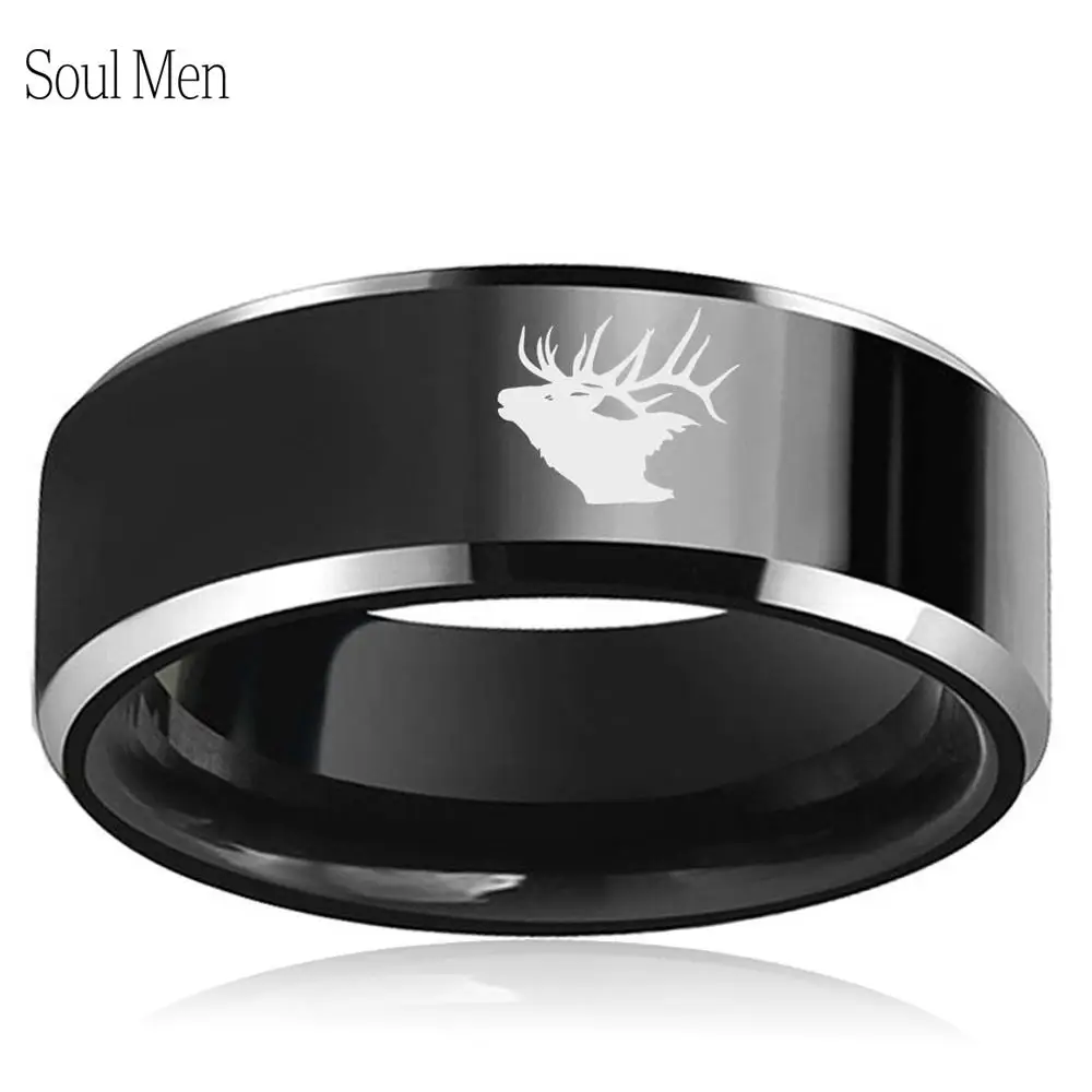 

Xmas Deer Elk Animal Engraved 8mm Black Flat Men Cool Tungsten Carbide Wedding Band Ring Size 6-13