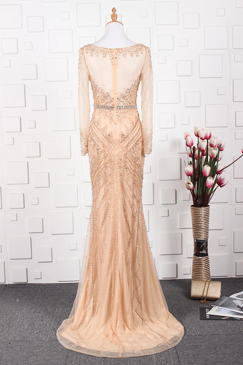 JANCEMBER vestido de gala, украшенный бусинами и кристаллами, длинный рукав, иллюзия, круглый вырез, со шлейфом, В Стиле Русалка, органза, Новые вечерние длинные платья