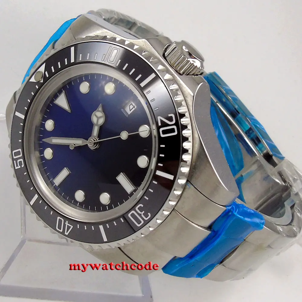 44 мм parnis стерильный черный синий циферблат 316L чехол из нержавеющей стали черный керамический ободок светящийся автоматический механизм мужские часы 065