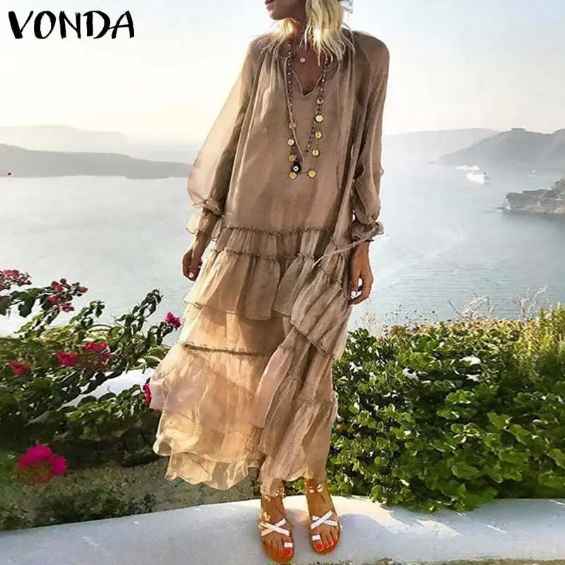VONDA, макси платье для беременных, Robe Boheme Femme, сексуальное пляжное длинное платье, 5XL, элегантное однотонное пляжное платье размера плюс