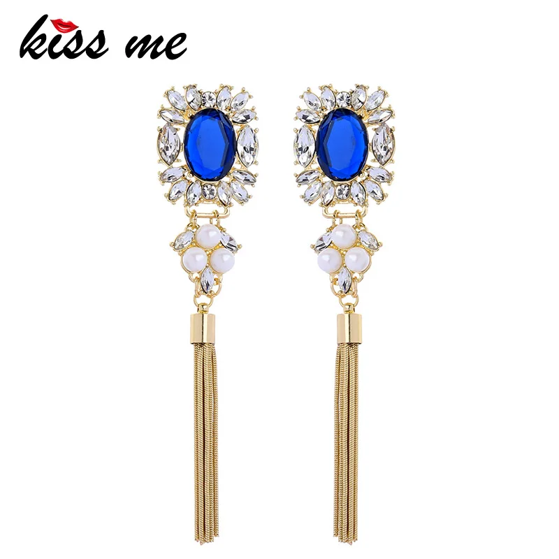 KISS ME Chic Gold Color Alloy Long Tassel Earrings 2019 New Blue Glass Crystal Earrings Women Jewerly