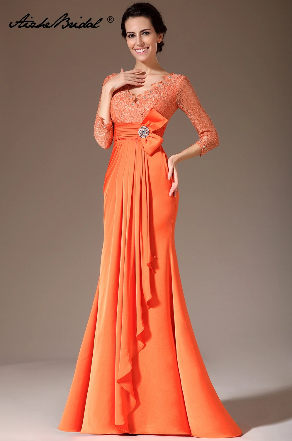 платье-русалка, оранжевое кружевное платье для матери невесты с рукавом 3/4...