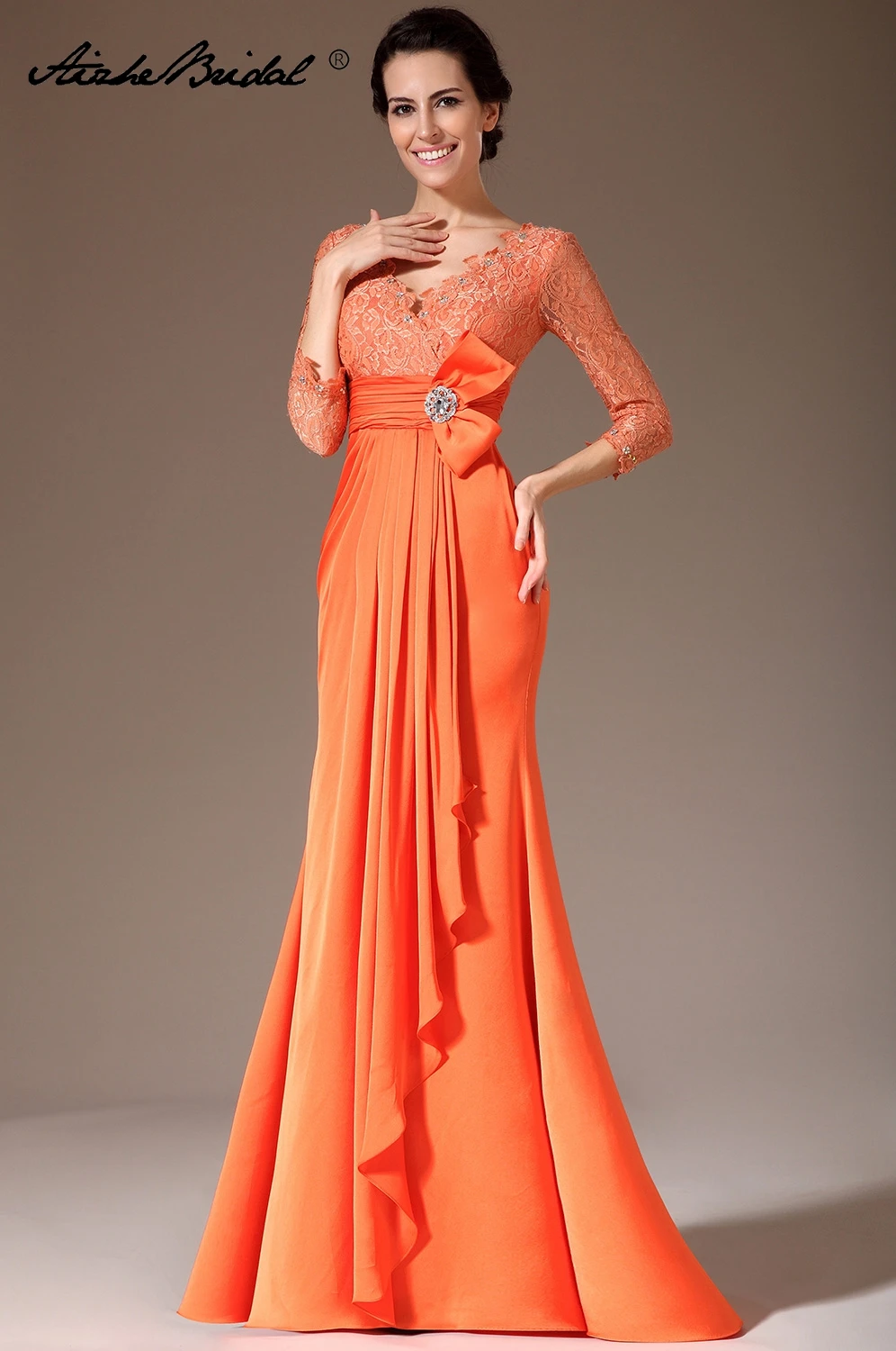 Formal Women's Dresses Mermaid 3/4 Sleeve Orange Chiffon Lace Mother of the Bride Gown Vestidos Madre De La Novia Dress | Свадьбы и