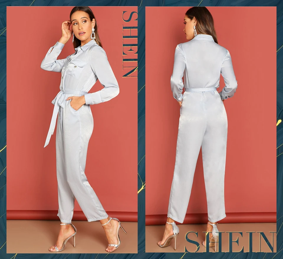 SHEIN Комбинезон На Пуговицах С Длинными Рукавами, Женский Серый Элегантный Комбинезон С Поясом