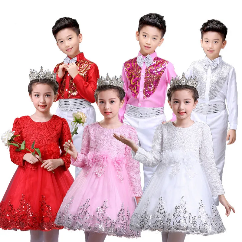 

new unisex children's show performance clothing sequins modern jazz stage clothes red tie chorus boys and girls wear sets
