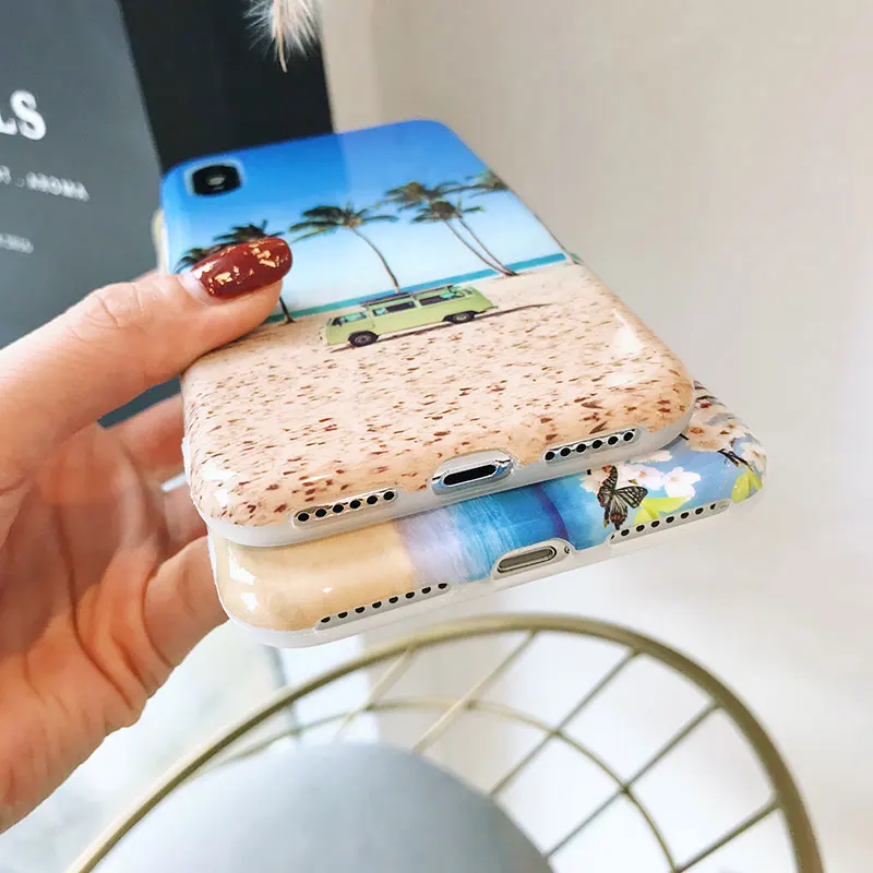 Boucho модные пляжные пейзажа задняя крышка для iPhone 6 S 7 8 Plus Glossy анти-knock Обложка