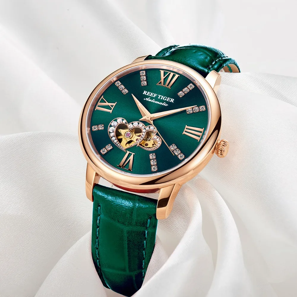 Reef Tiger/RT New Design Fashion Ladies Watch Rose Gold Green Dial Mechanical Watch Leather Band Montre Femme RGA1580 enlarge