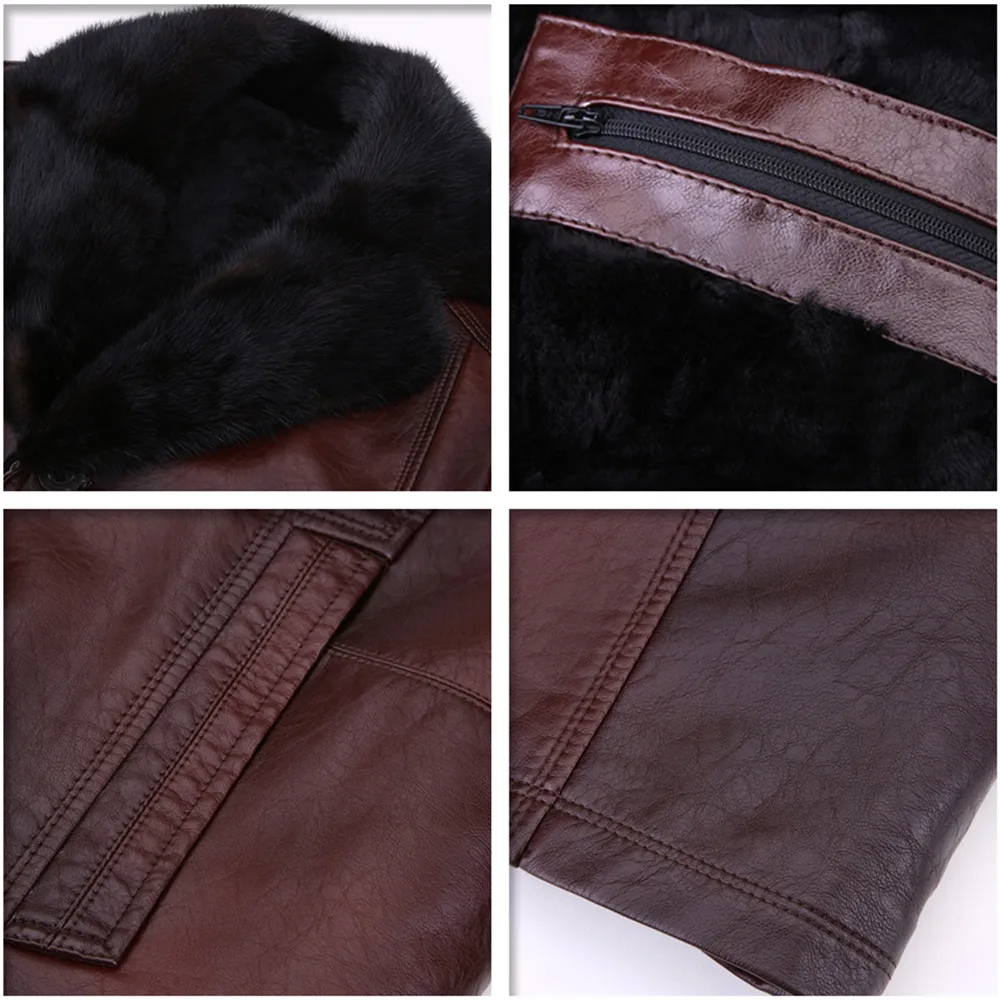 Abou Brown Leather Jacket Men New Fashion Winter Mink Fur Collar Coat With Natural Wool Lining Plus Size Male Overcoat | Мужская одежда