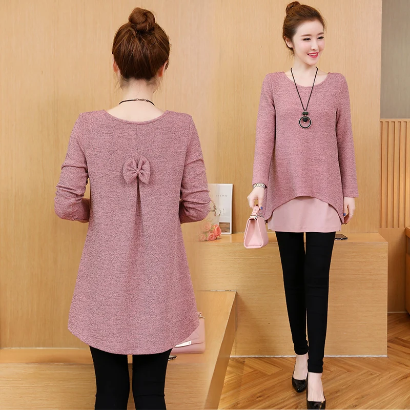 

Fake Two Pieces Blusas Mujer Women Spring Autumn Bow Casual Elegant Long Blouses Long Sleeve O-neck Tops Femininas