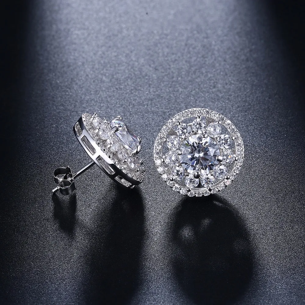 21mm diameter Real 925 round earrings Office lady crystal jewelry quickly ship high quality Elegant sterling silver stud earring | Украшения