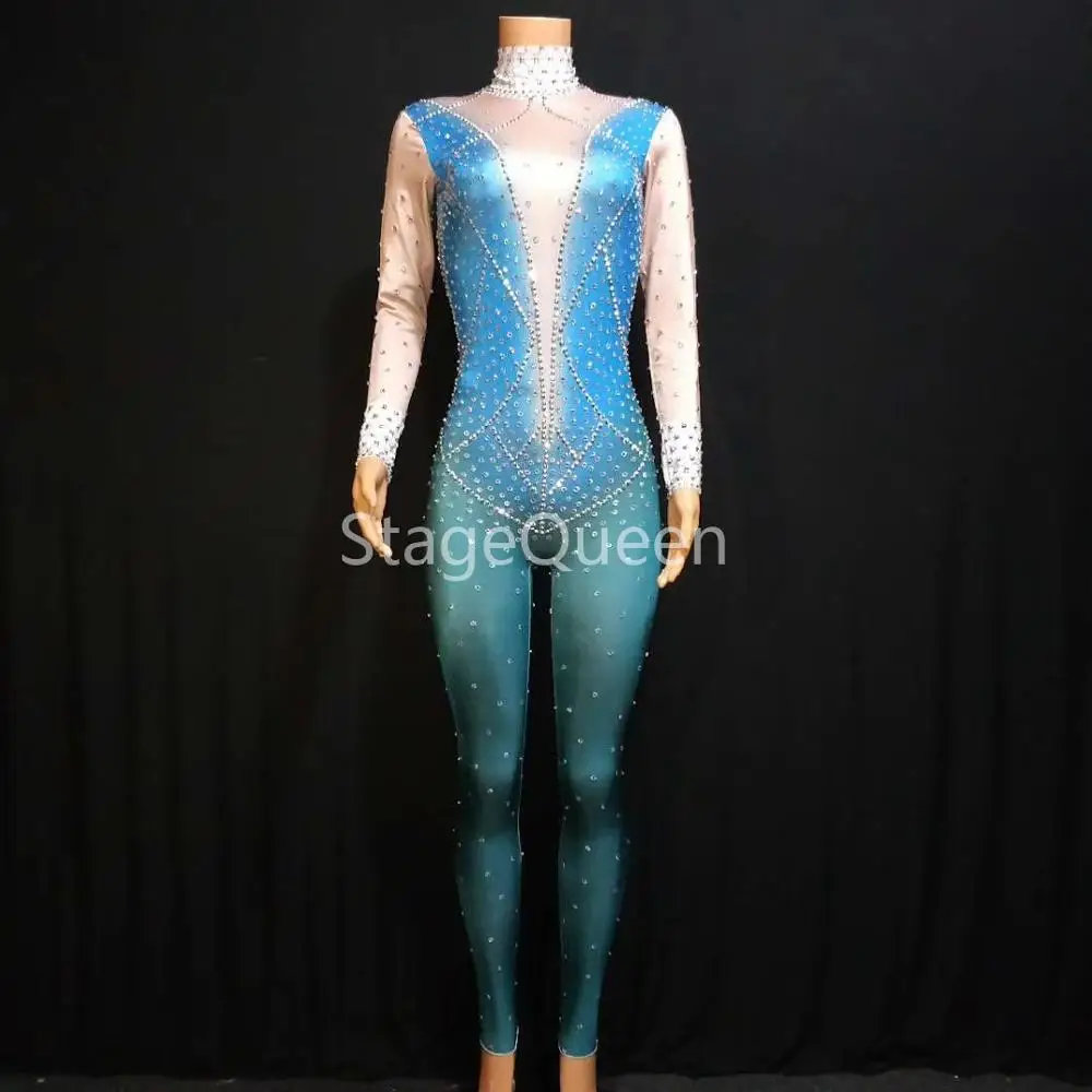 Women Sexy Silver Rhinestones Backless Jumpsuit Birthday Celebrate Outfit Nude Blue Bodysuit Evening Singer Dance DS DJ Jumpsuit