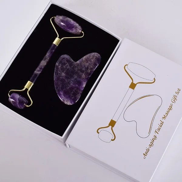 with gift box Массажер для лица Натуральный Аметист нефритовый ролик Ghasha набор инструментов иглоукалывание лица Лифт скребок для кузова против старения морщин целлюлита коробка - Цвет: with gift box