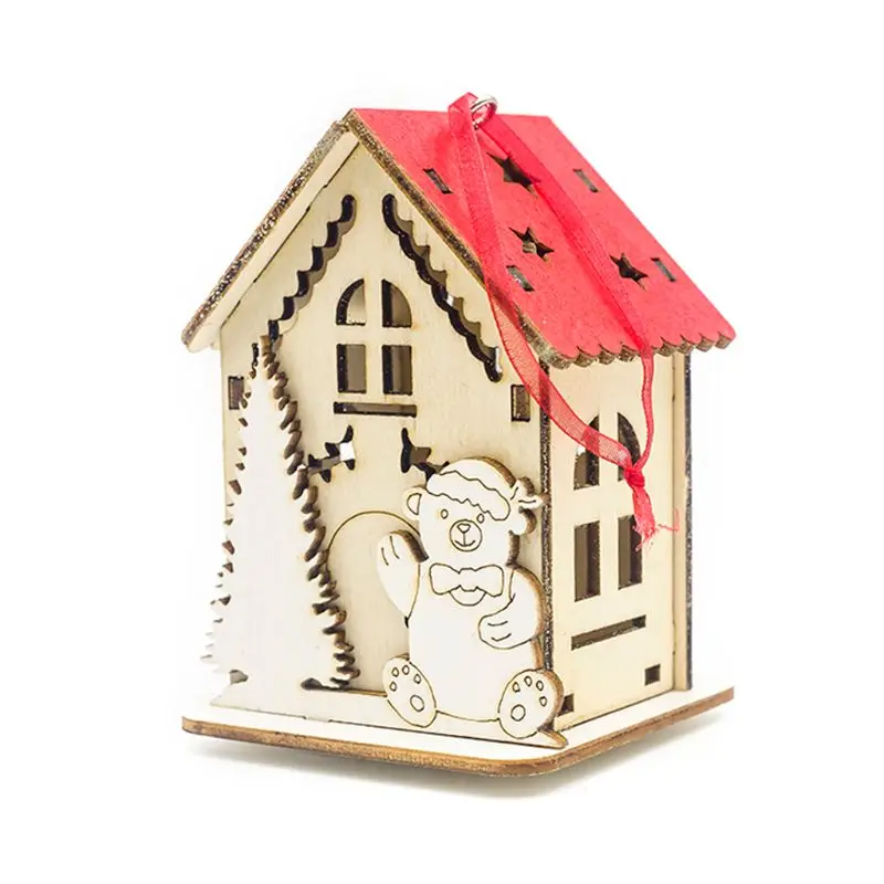 B Bear Рождественский дом DIY, светодиодный, деревянный дом, Рождественская елка, подвесное украшение, снеговик, олень, медведь, Санта-Клаус, Праздничный Рождественский подарок - Цвет: B Bear